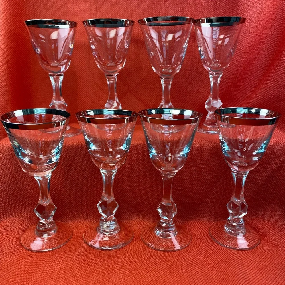 Vintage 1960’s Set of 8 Cordial Glasses with Real SILVER Rims.